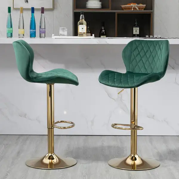 Green Velvet Bar Stools Set of 2 - Adjustable Swivel Counter Height with Gold Base - Minihomy