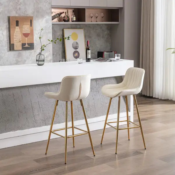 Set of 2 Velvet Bar Stools with Chrome Footrest - Cream, 30 Inch Counter Height