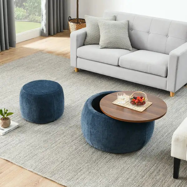 Round Storage Ottoman: End Table & Footrest, Dark Blue (25"x25"x14.7")