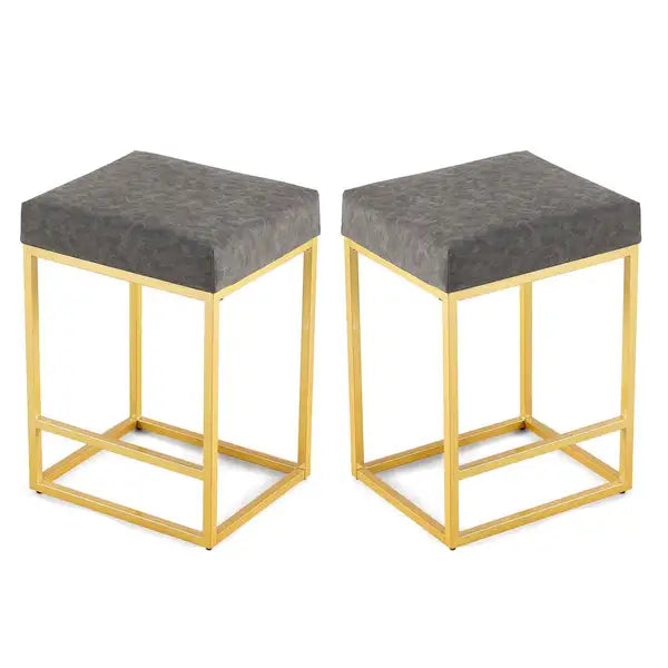 Grey Upholstered Counter & Bar Stools with Footrest, PU Leather (Set of 2) - Minihomy