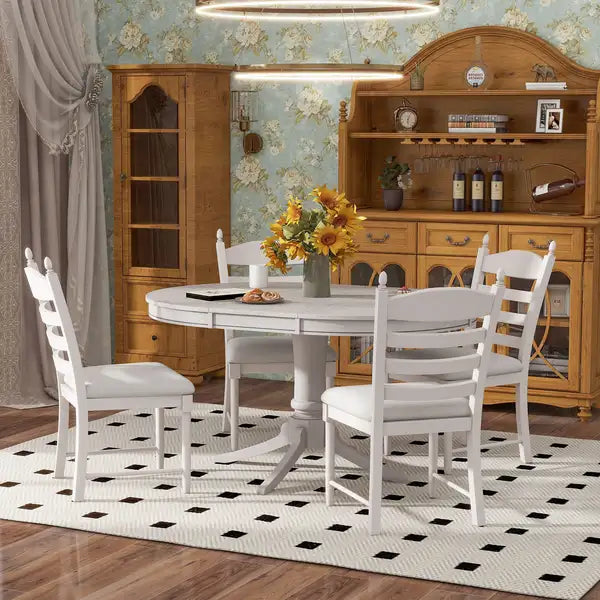 TREXM 5-Piece Retro Dining Set - Round Extendable Table & Upholstered Chairs (Antique White)