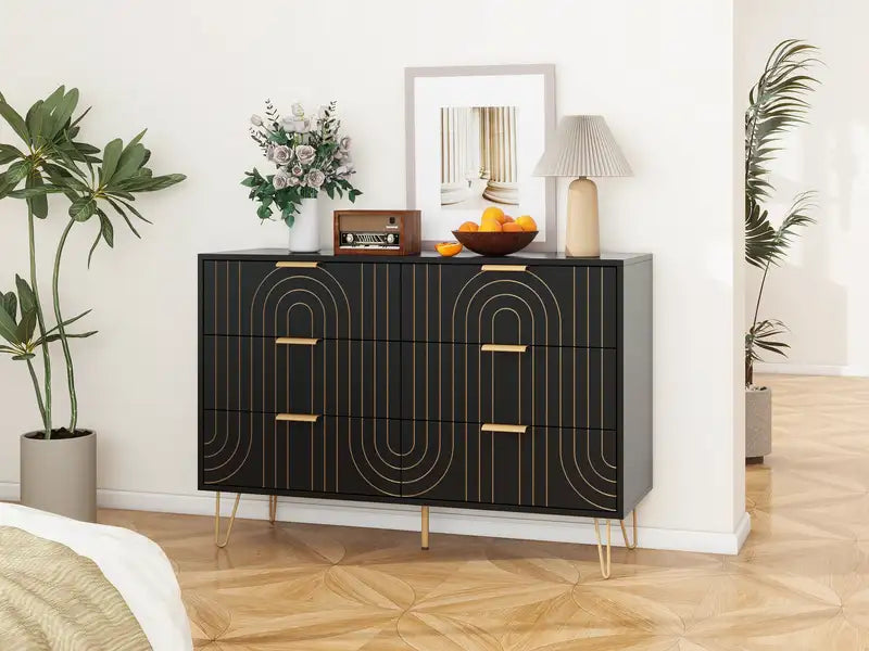 Modern 6-Drawer Dresser with Metal Handles & Carving - Bedroom Storage