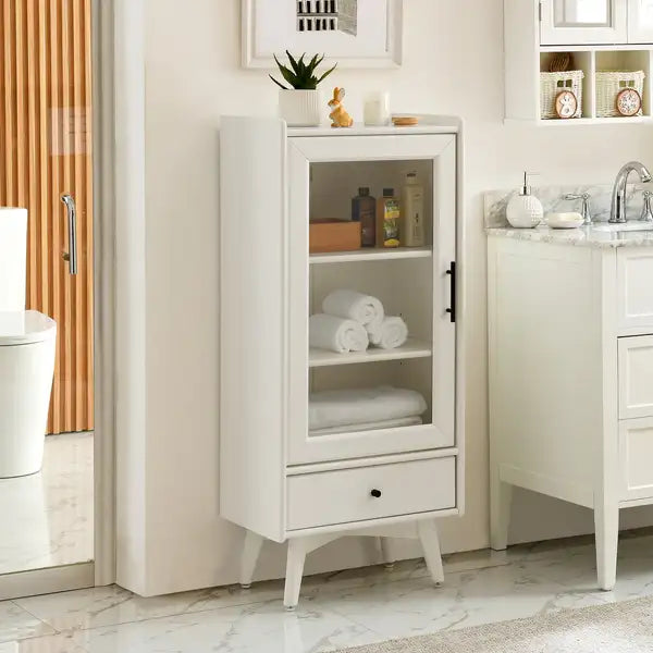 White Bathroom Storage Cabinet with Glass Door & Drawer - 19.75"x13.75"x46"