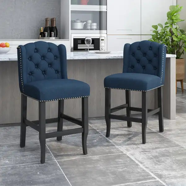 Navy Blue & Dark Brown Tufted Wingback Counter Stools (Set of 2) - Vienna Collection - Minihomy