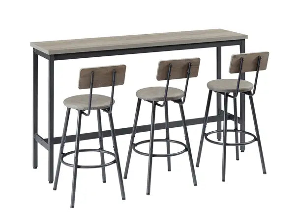 Industrial Bar Table Set with 3 Stools, Rustic Gray & Black, 63"L Kitchen Breakfast Table - Minihomy