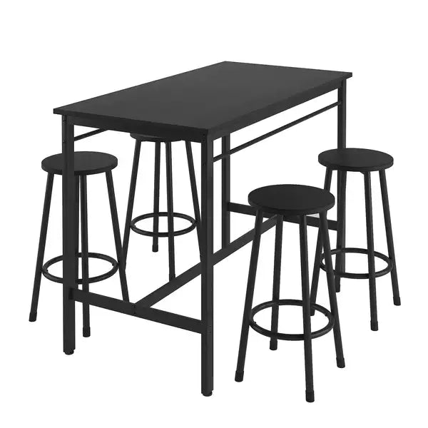 Black 5-Piece Rural Kitchen Table Set with Bar Stools - Metal Frame & MDF - Minihomy