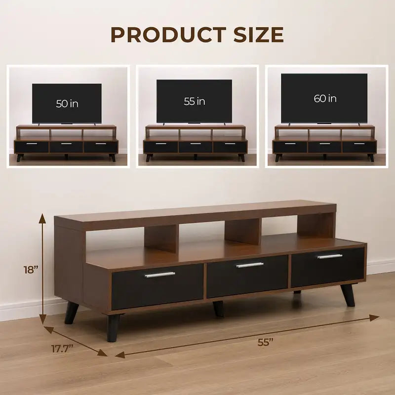 60 Inch Walnut TV Stand with 3 Drawers - Entertainment Center