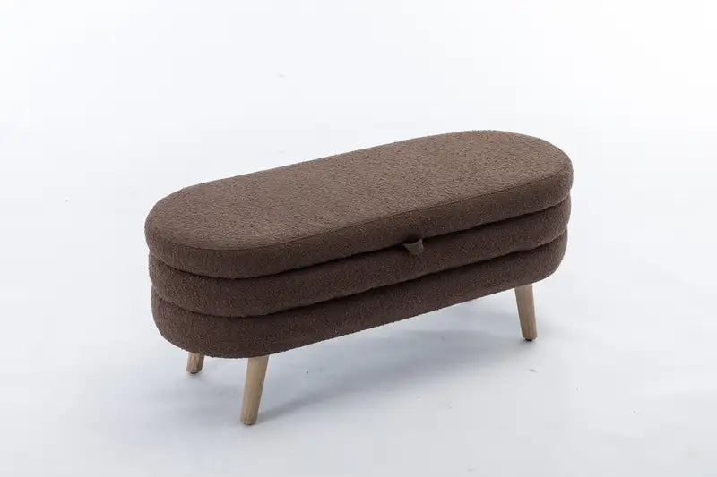 Brown Boucle Fabric Storage Bench with Wooden Legs - Bedroom & Living Room