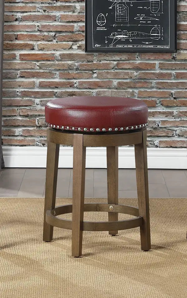 Red Faux Leather Swivel Counter Stools (Set of 2) - Brown Wood Frame