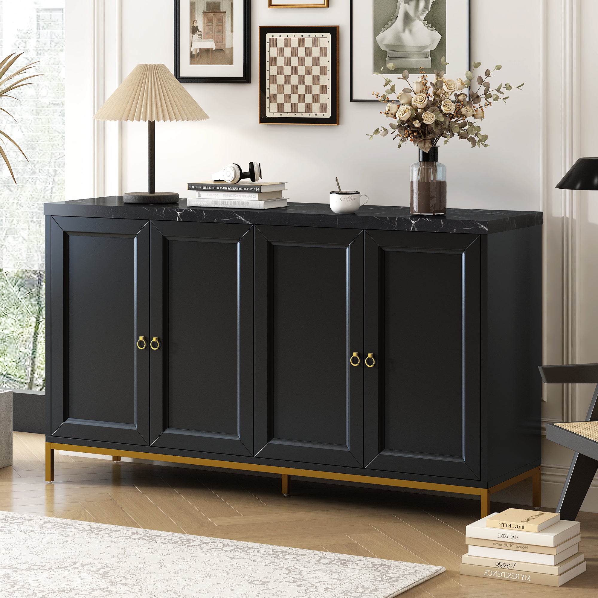 Modern Sideboard with Large Storage, Metal Handles & Legs - Black