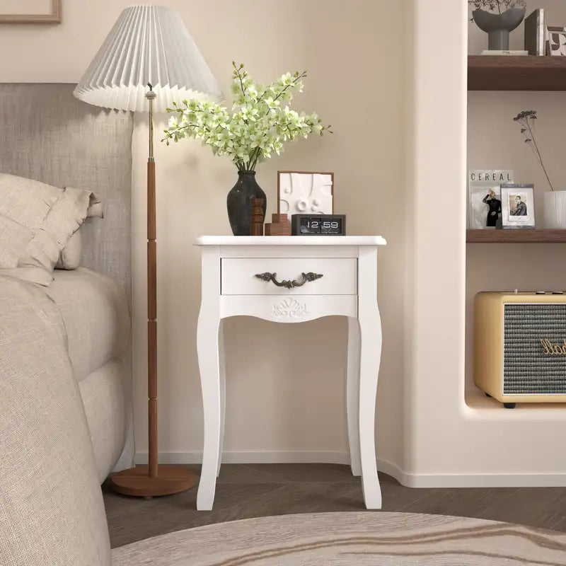 White Living Room Storage Table with Drawer & 4 Curved Legs