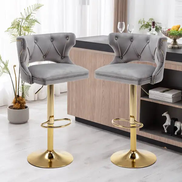 Grey Velvet Counter Height Bar Stools with Backrests & Footrests (Set of 2) - Minihomy