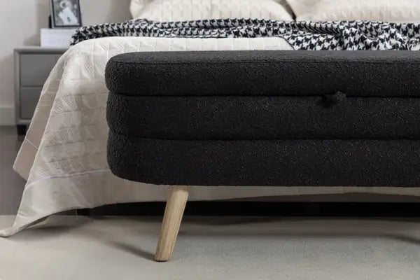 Black Boucle Fabric Storage Bench with Wood Legs - Bedroom & Living Room