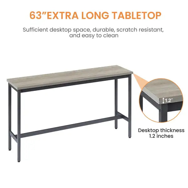 Industrial Bar Table Set with 3 Stools, Rustic Gray & Black, 63"L Kitchen Breakfast Table - Minihomy