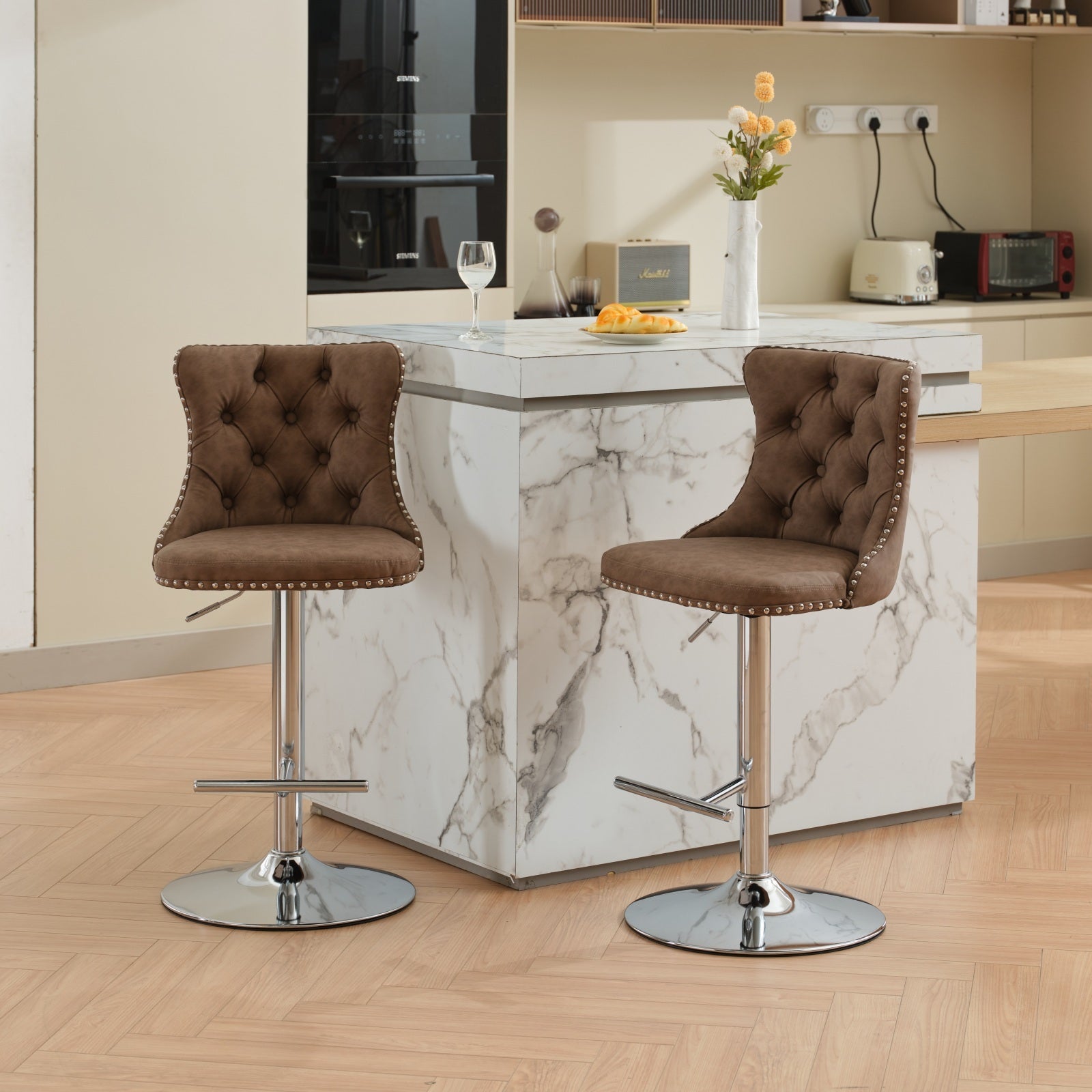 Beige PU Leather Swivel Bar Stools with Backs, Adjustable Height (25-33"), Chrome Base, Set of 2