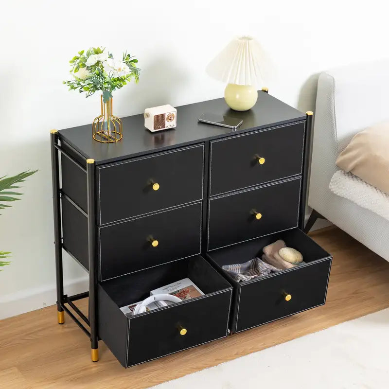 Black 6-Drawer Dresser with Fabric Bins - Tall Storage Tower for Bedroom, Closet