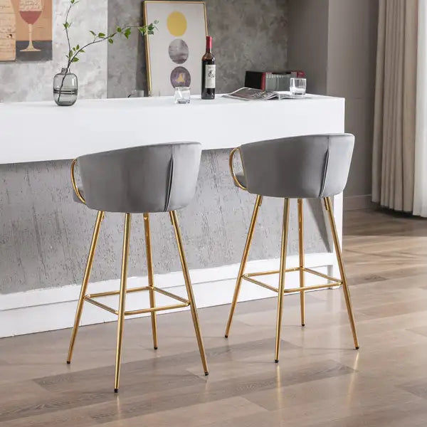 26 Inch Velvet Bar Stools Set of 2, Chrome Footrest, Gold Legs, Gray - Minihomy