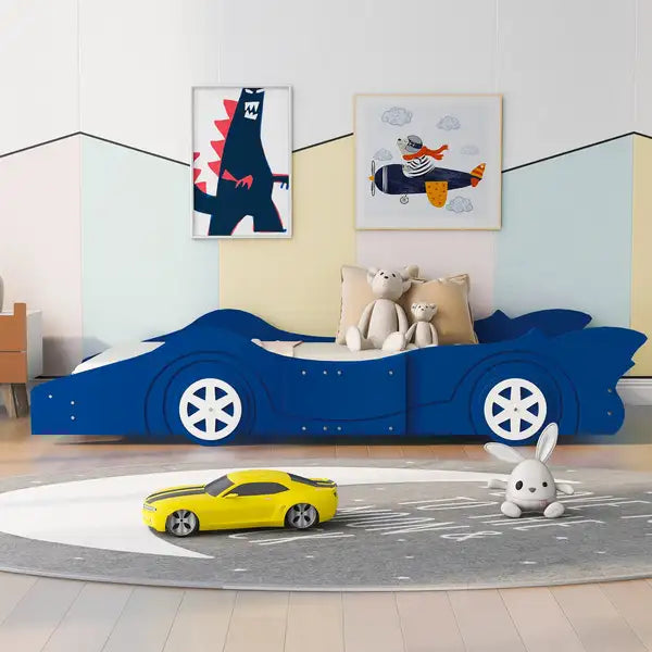 Twin Race Car Bed with Wheels - Blue Platform Bed for Kids