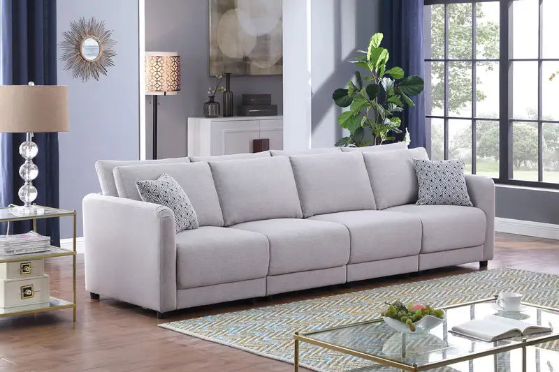 Penelope 4-Seater Linen Sofa, 111", Light Gray, w/Pillows