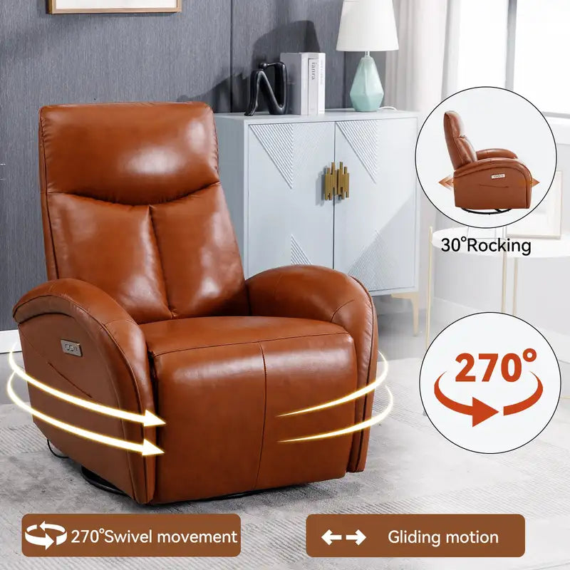 Yellow Brown Leather Power Recliner Chair - Swivel Rocker, Lumbar Support, USB