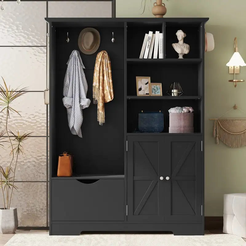 Black Hall Tree with Bench, Shelves, Drawers & Cabinet - Modern Entryway Storage