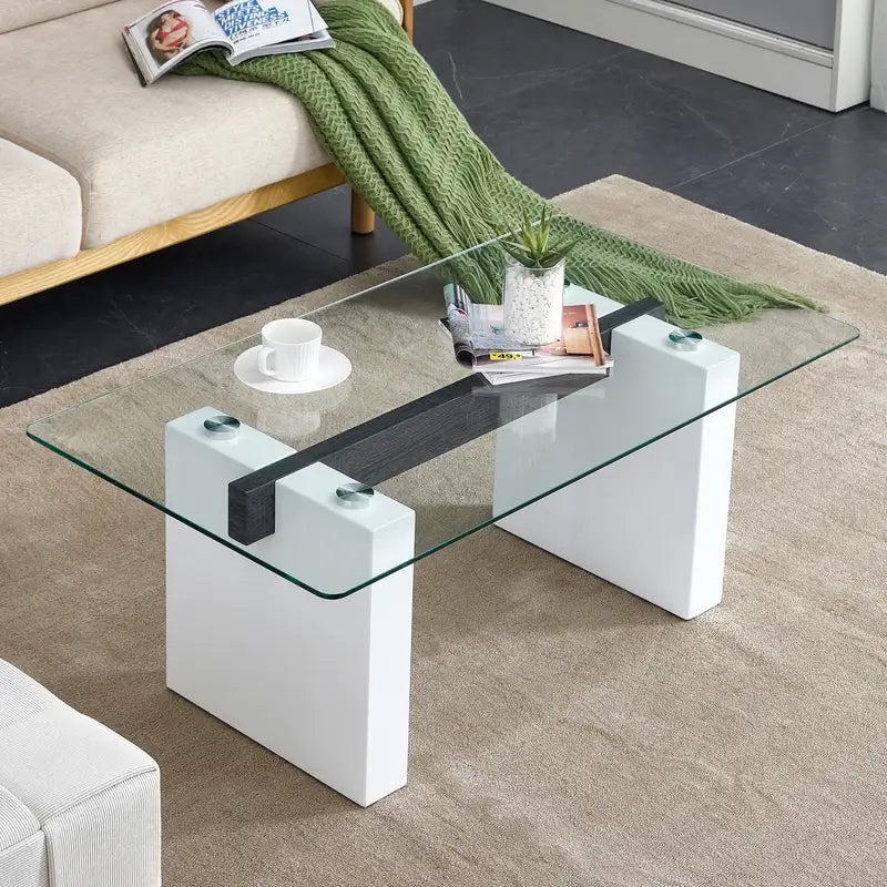 Modern Glass Coffee Table with White Columns - Computer & Game Table CT-1546