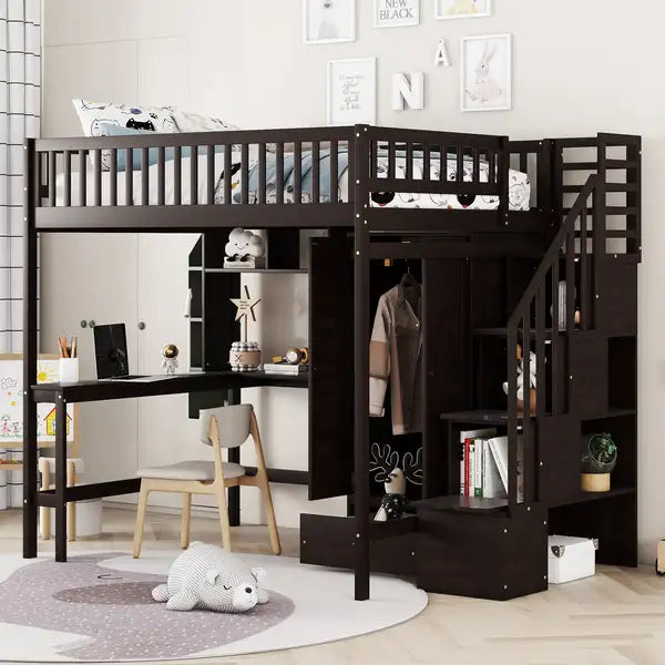 Full Size Loft Bed with Bookshelf, Drawers, Desk & Wardrobe - Espresso