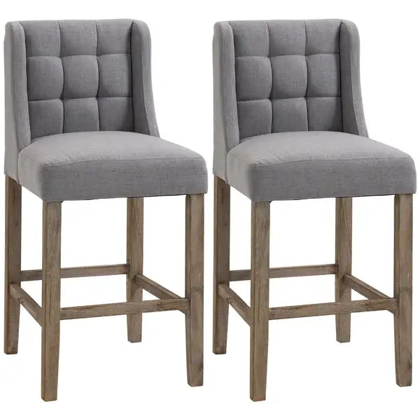 Modern Tufted Bar Stools with Backrest, Set of 2, Grey - Rubber Wood Legs for Kitchen & Dining Room - Minihomy