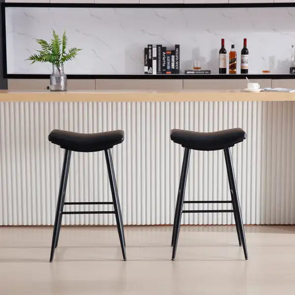 Counter Height Bar Stools Set of 2 - PU Upholstered, Black, with Footrest - Minihomy