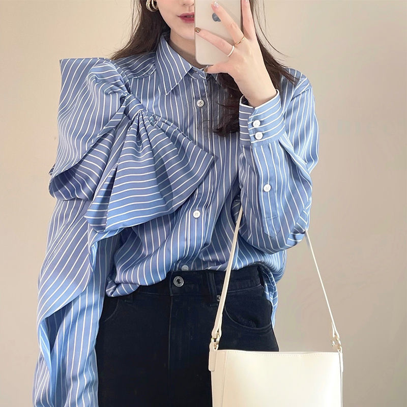 Casual Blue Striped Shirts For Women Lapel Long Sleeve Bowknot Patchwork Blouses