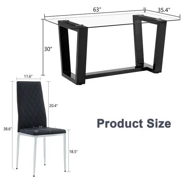 Modern Dining Table and Chair Set - Tempered Glass Top, Black MDF Stand, 4 PU Chairs - Minihomy