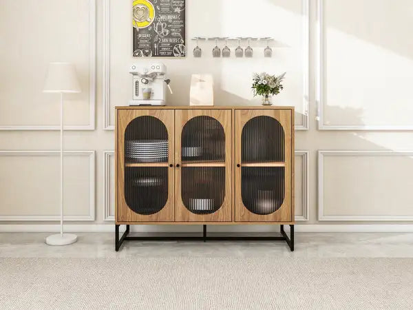 Walnut Kitchen Buffet Cabinet with Glass Doors - Sideboard Storage