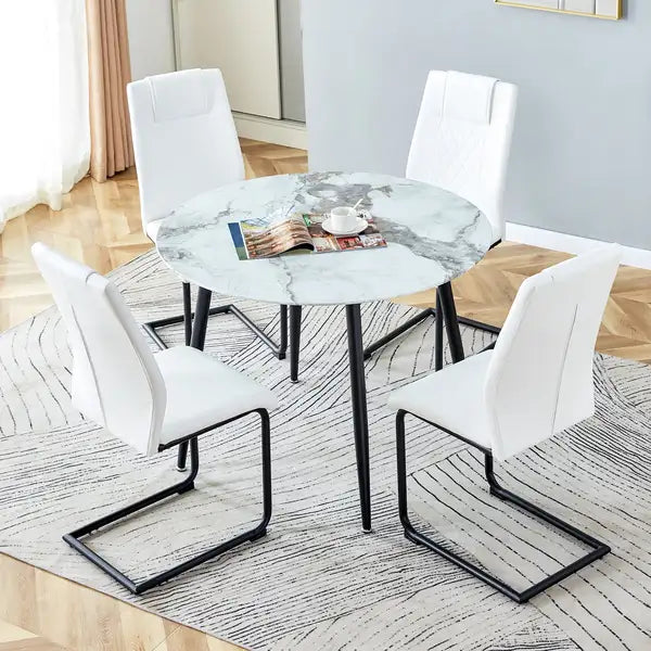 White Marble Round Table & Chair Set - Modern, Minimalist Dining Set with Black Metal Legs