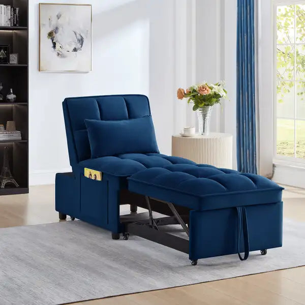 Navy Single Sofa Bed with Storage, Adjustable Backrest & Pillows