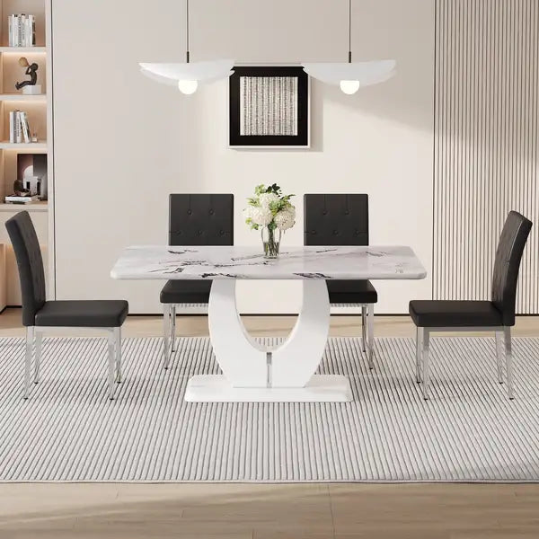 Modern White Marble Dining Table & Chair Set - Rectangular, Soft Cushions - F-1280 - Minihomy