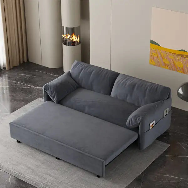 Grey Velvet Convertible Sofa Bed with Storage - Queen Sleeper Sofa