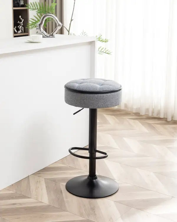 Grey Linen Height Adjustable Swivel Bar Stools (Set of 2) - Counter Height, Armless, Metal Frame - Minihomy