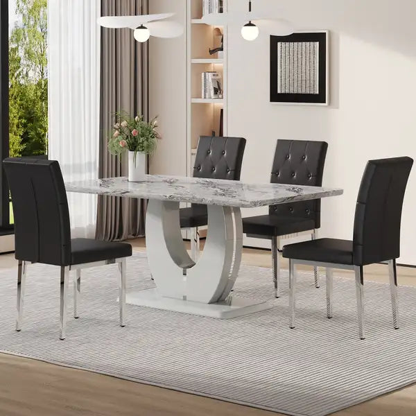 Modern Marble Dining Table & Chair Set - Rectangular, Minimalist, Soft Cushions (F-1280) - Minihomy