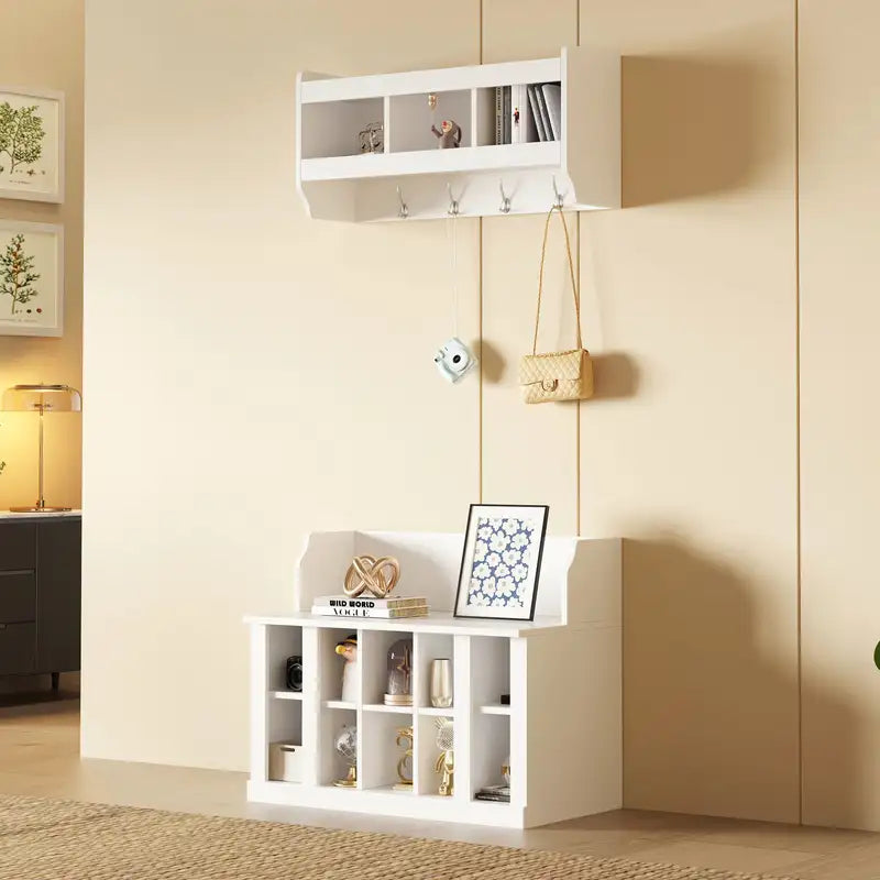 White Shoe Storage Bench with Shelves & Hooks - Entryway Organizer