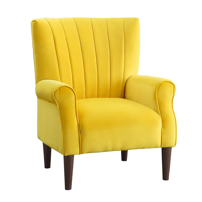 Yellow Velvet Accent Chair - Modern Tufted Channel Back & Solid Wood Legs