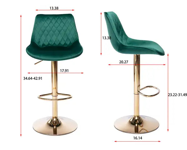 Height Adjustable Velvet Bar Stools with Chrome Base & Footrest (Set of 2) - Green - Minihomy