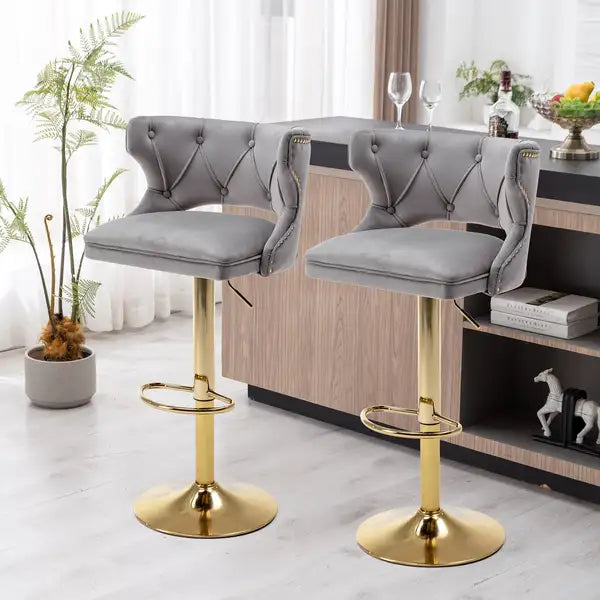 Grey Velvet Counter Height Bar Stools with Backrests & Footrests (Set of 2) - Minihomy