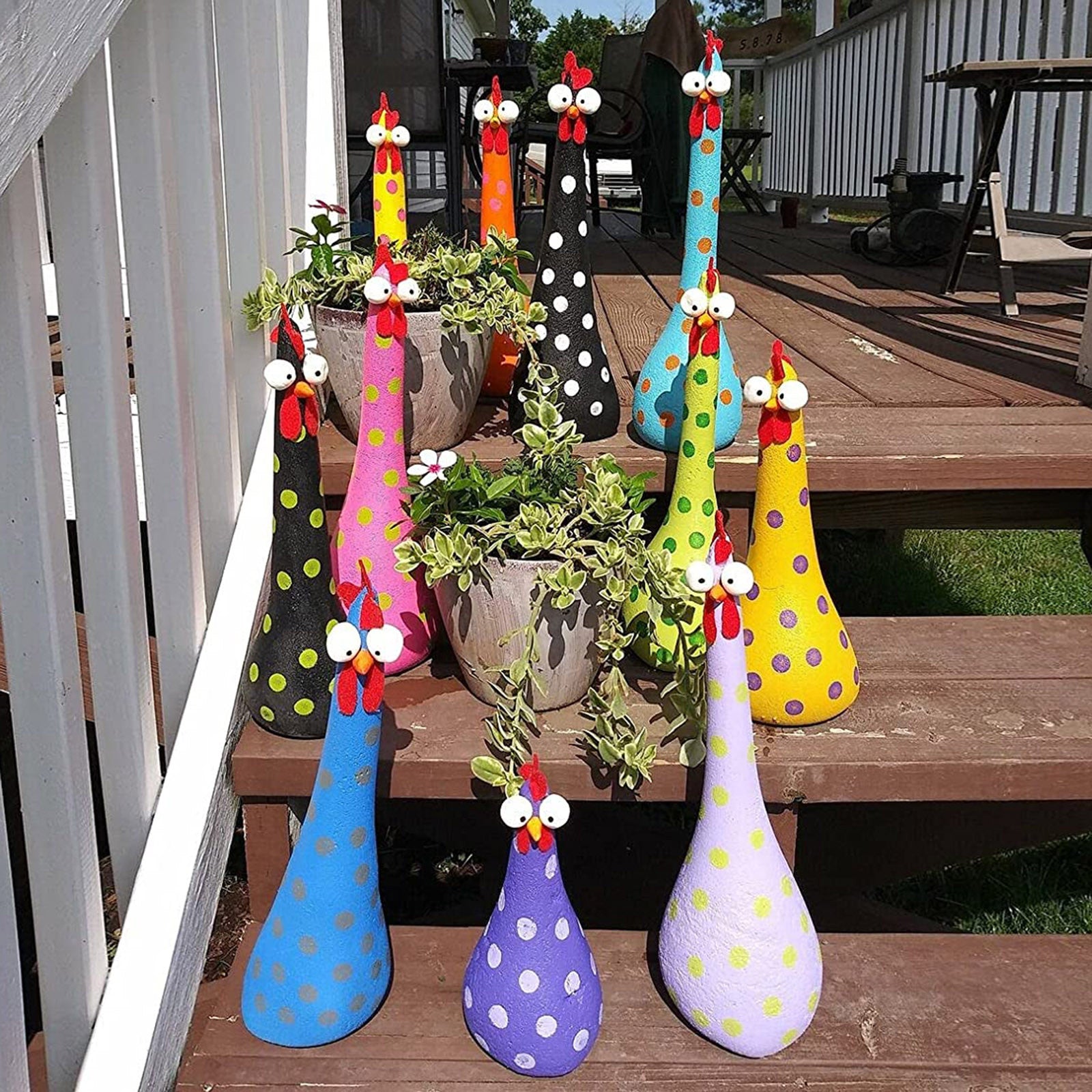 Yard Art Decor Chicken Garden Ornaments - Colorful Hen and Rooster Statues