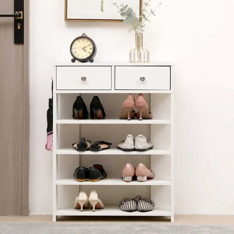 White Entryway Shoe Rack with 2 Drawers - Multi-Layer Storage Organizer