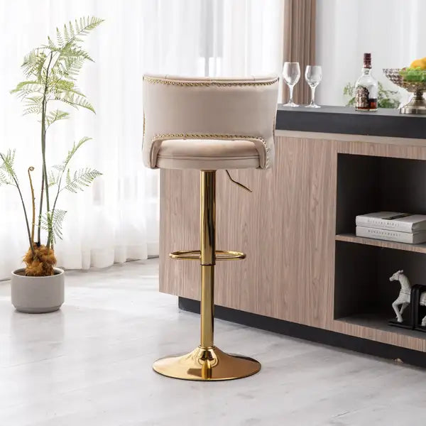 Beige Velvet Bar Stools with Back & Footrest - 2-Piece Set - Counter Height - Minihomy