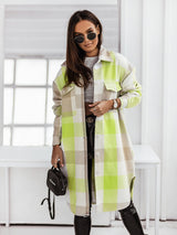 Women's Long Sleeve Color Plaid Brushed Woolen Long Coat