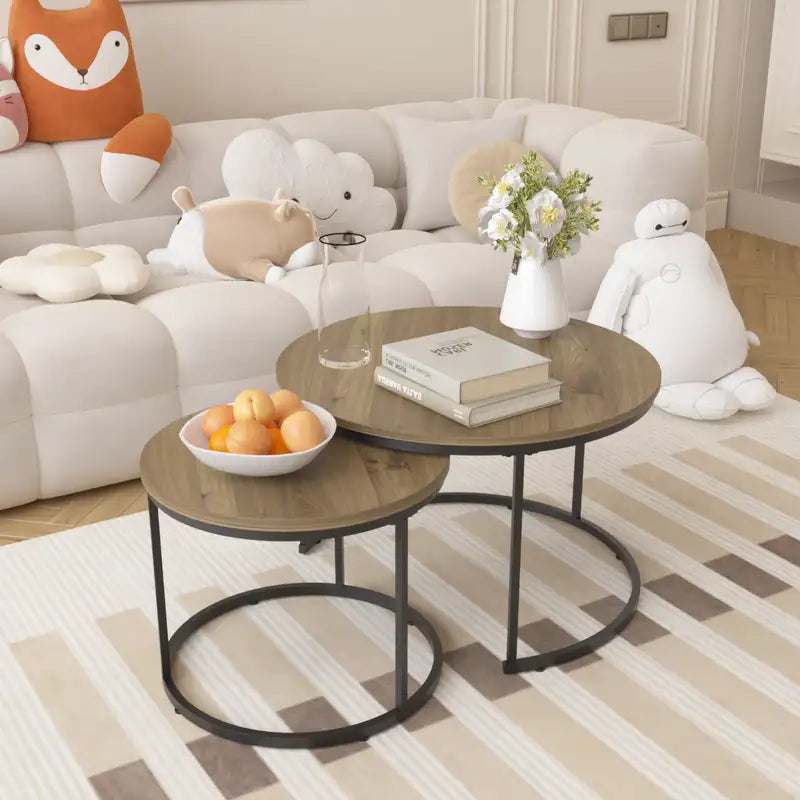 Nesting Coffee Table Set (2): Industrial Wood & Metal, Round, 27.6"