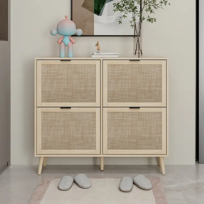 Modern Rattan 4-Door Shoe Cabinet - Entryway Storage