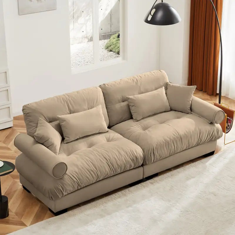 Camel Velvet Two-Seater Sofa: Modern & Cozy