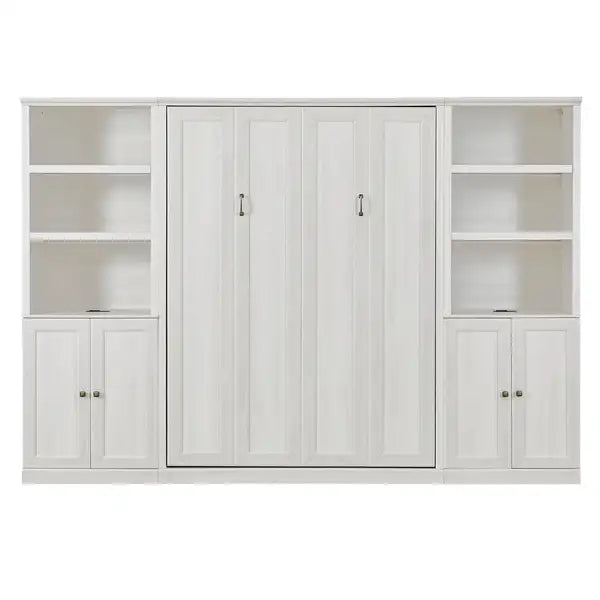 Full Size Murphy Bed with Storage - Self-Closing, Rustic White, Space-Saving for Guest Room, Home Office - Minihomy